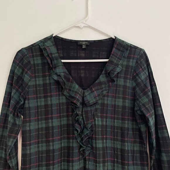 TALBOTS Petites Tartan Ruffled Top Green Black Plaid Ruffle 3/4 Sleeve PETITE M - Picture 3 of 11